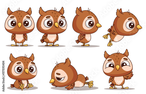 A delightful collection of adorable cartoon owls showcasing a variety of fun poses and charming expressions