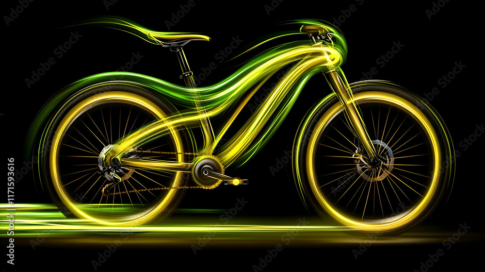 Fototapeta premium A glowing yellow and green bicycle against a dark background, showcasing a dynamic and futuristic design with motion effects.