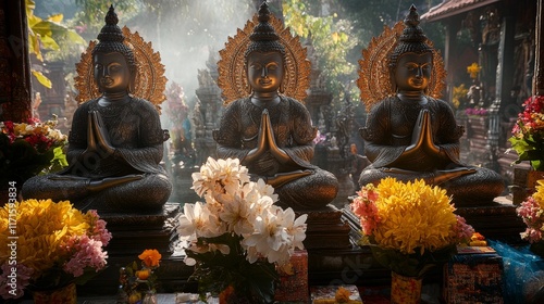 Polytheism represented in a grand temple courtyard adorned with intricate statues of deities and vibrant floral offerings