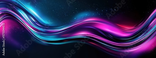 Abstract waves, vibrant colors, neon glow, fluid motion, dynamic curves, electric blue, vivid purple, deep black background, glossy texture, futuristic aesthetic, digital art, 3D render, smooth gradie photo