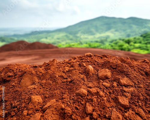 Red soil pile, mountain background