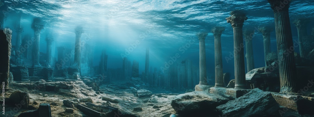 Obraz premium A haunting image of a sunken ancient city revealed beneath the clear waters of the Mediterranean Sea, Mediterranean underwater city scene, Atmospheric style