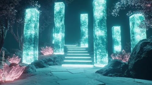 Embarking on a journey through mesmerizing translucent crystal stairways that weave seamlessly into a surreal landscape, where enchanting natural 