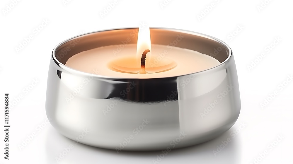 Isolated tealight candle in a silver holder with a soft glow isolated on solid white background. Isolated tealight candle in a silver holder with a soft glow isolated on solid white background.