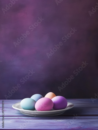 easter, tradition and object concept - close up of colored eggs on plate over ultra violet wooden boards background photo