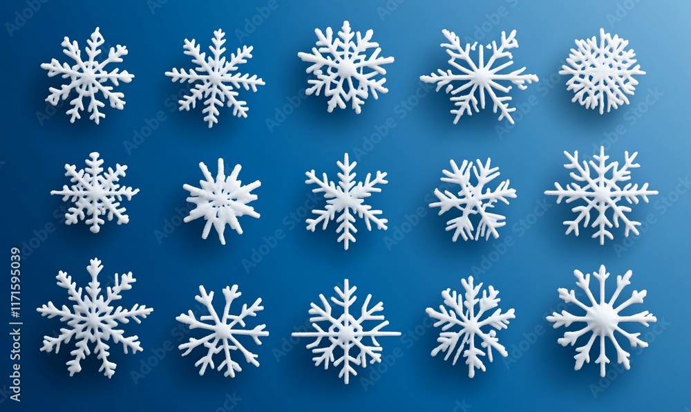 A collection of various snowflake designs on a blue background. A collection of various snowflake designs on a blue background.