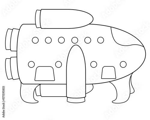 The spacecraft is on the surface with closed airlocks and illuminators. Spaceship - vector linear picture for coloring. The spacecraft stands horizontally on its landing feet. A ship for interplanetar