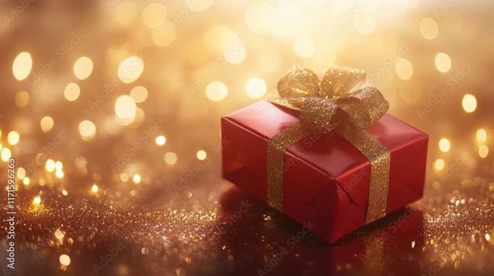 red Gift box with gold ribbon on golden Bokeh Background red Gift box with gold ribbon on golden Bokeh Background