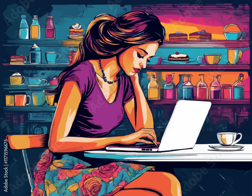 Girl from home working on laptop. Work from home and freelance. Young woman studying at home, freelancer lifestyle. Vector illustration in sketch style