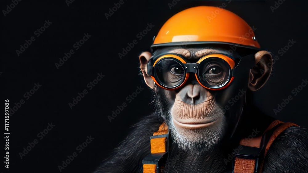 Chimpanzee wearing an orange helmet and goggles against a black background Chimpanzee wearing an orange helmet and goggles against a black background