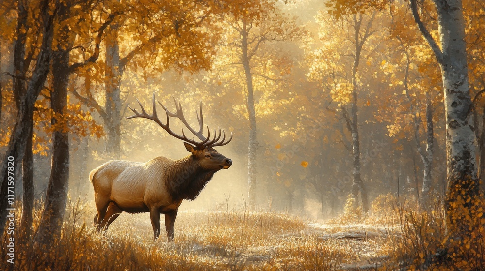 Majestic Elk Stands in Autumn Woods Golden Light Majestic Elk Stands in Autumn Woods Golden Light