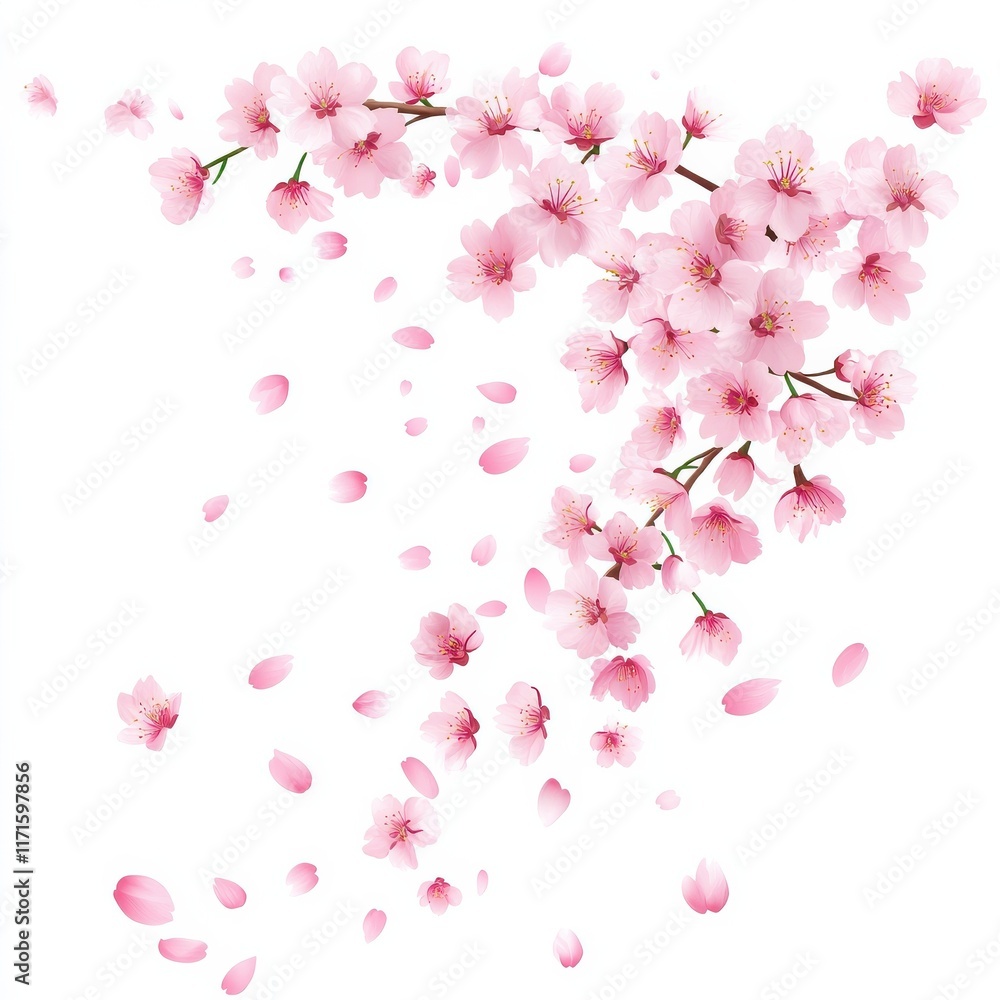 Fototapeta premium Pink Cherry Blossom Falling Down. Isolated Vector illustration of Cherry Blossom. Flying Pink Sakura Petals Background. Design of Greeting or Invitation Card.
