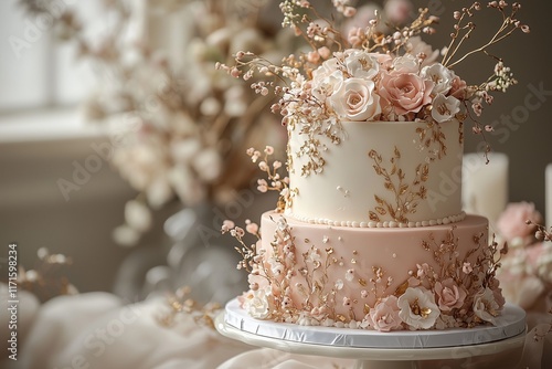 A minimalist cake with a soft blush finish and intricate gold decorative designs, set against a glamorous, elegant backdrop.