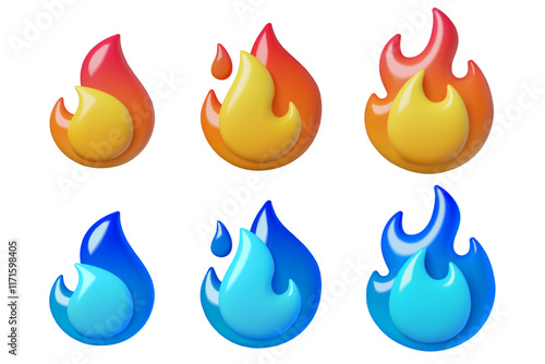 Red and blue flame 3d icons collection. Gas and fire burning fuel emoji. Three dimensional vector elements isolated on white background.