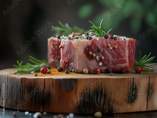 Frische Rindfleischstücke mit Gewürzen und Rosmarin auf einem Holzbrett

 photo