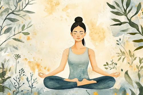 Mindful Meditation: Watercolor Illustration of Woman in Lotus Pose with Botanical Elements for International Yoga Day