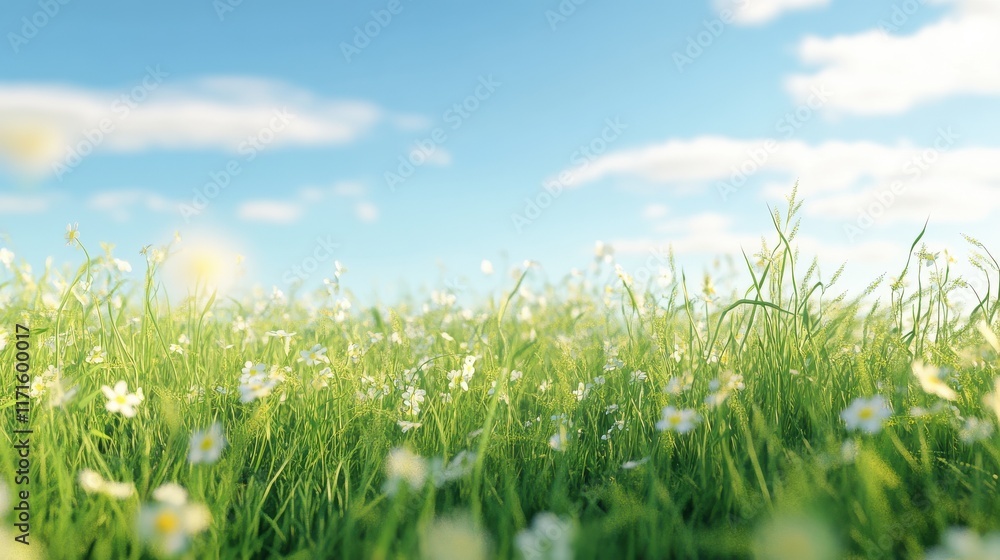 nature background with sunny spring meadow blur background blue sky to green grass nature background with sunny spring meadow blur background blue sky to green grass