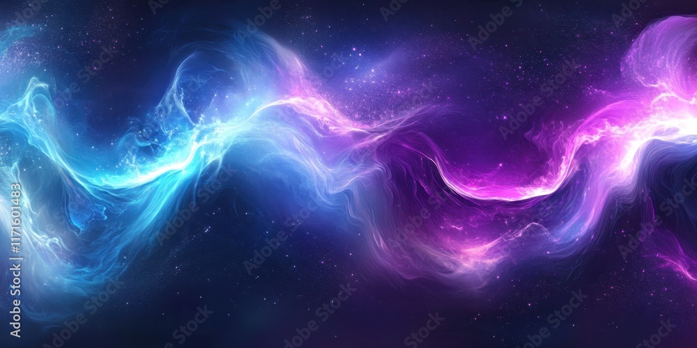 Fototapeta premium Abstract cosmic energy, vibrant purple and blue waves, flowing ethereal light, dynamic swirling patterns, galactic nebula, celestial aurora, interstellar phenomenon, cosmic dance, luminous wisps, deep