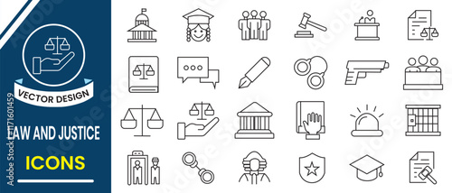 Law and Justice icons set. Justice, legal, court, judgement line icons. Services lawyer, attorney,  Lawyer, advocate, law symbol. Set of justice icons, vector . Vector illustration.