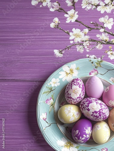 easter, tradition and object concept - close up of colored eggs on plate over ultra violet wooden boards background photo