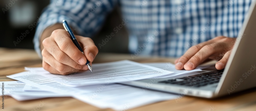 Man Working on Documents, Filling Forms, Using Laptop, Close-up View Man Working on Documents, Filling Forms, Using Laptop, Close-up View