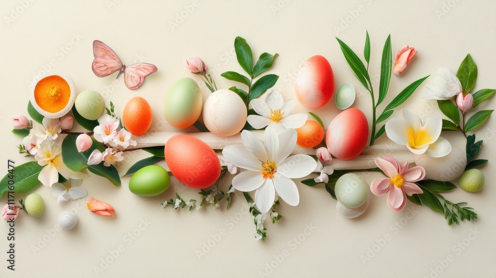 Obraz premium Easter and spring flat lay on a cream background.