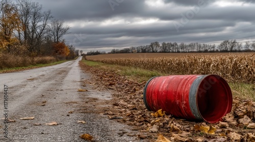 Discarded Barrel by Roadside on Overcast Day