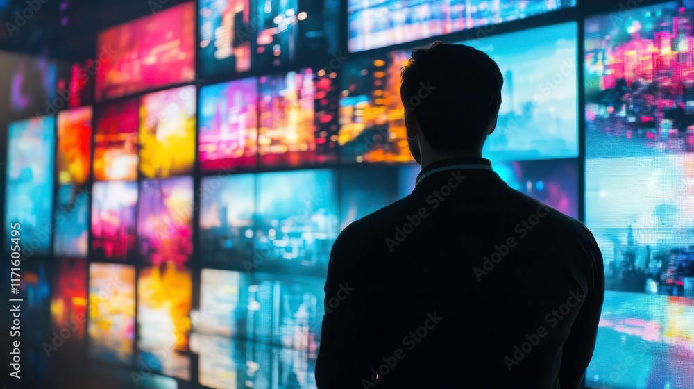 Man silhouetted against a wall of vibrant digital screens displaying diverse imagery. Man silhouetted against a wall of vibrant digital screens displaying diverse imagery.