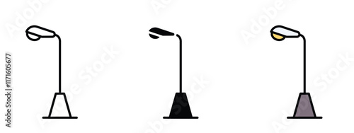 Set of 3 "Street Light" icons with 1 line, 1 silhouette n 1 colored icon with an unexpanded vector inside - Simple street light icon with a sleek pole and glowing lamp. Perfect for urban, navigation