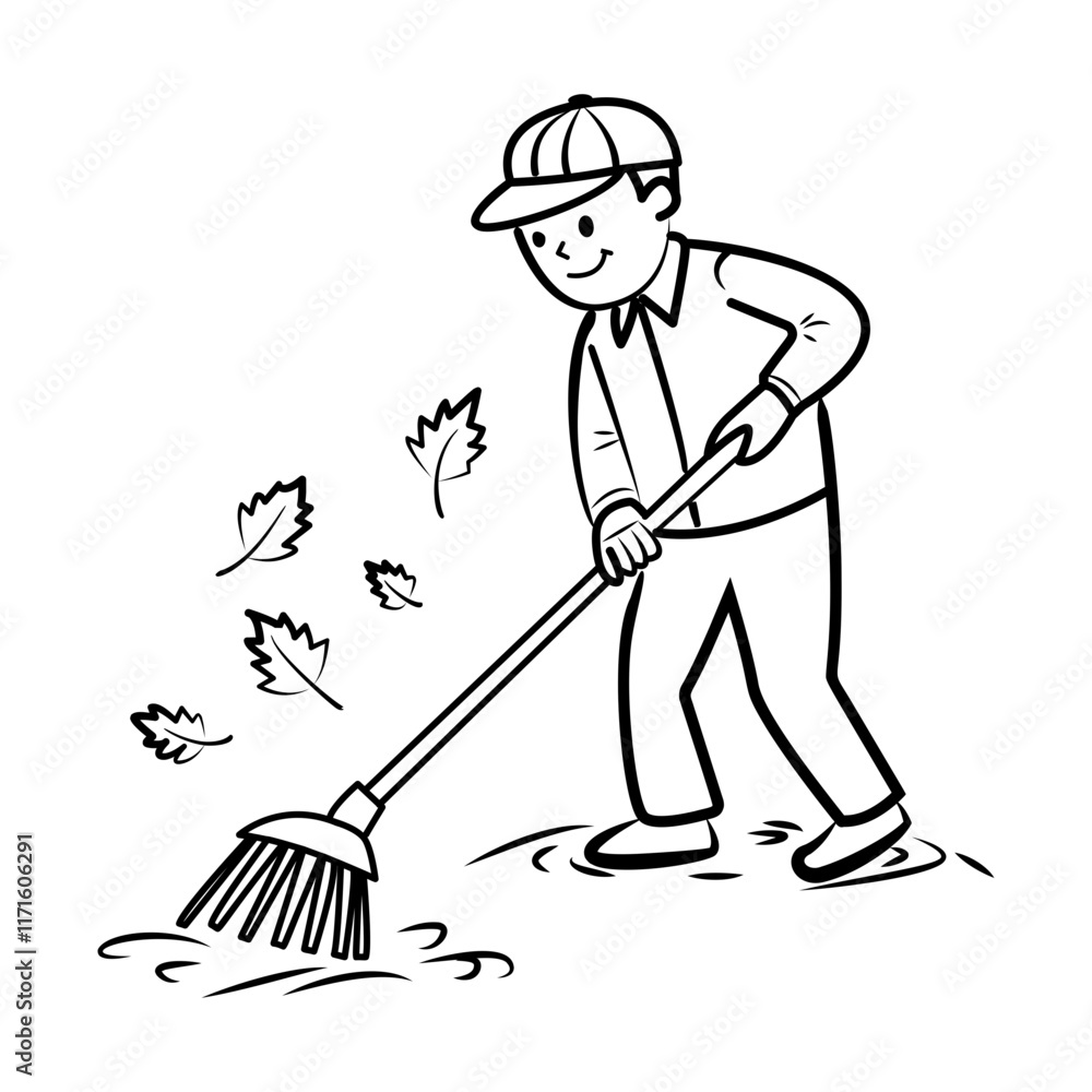 A sketchy icon showing a man raking leaves A sketchy icon showing a man raking leaves