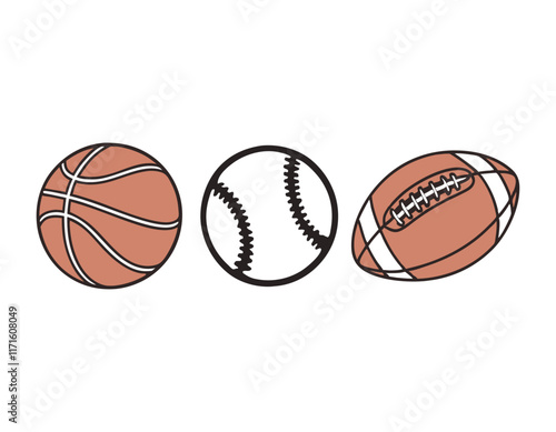 colorful sports equipment illustration: basketball, baseball, football photo