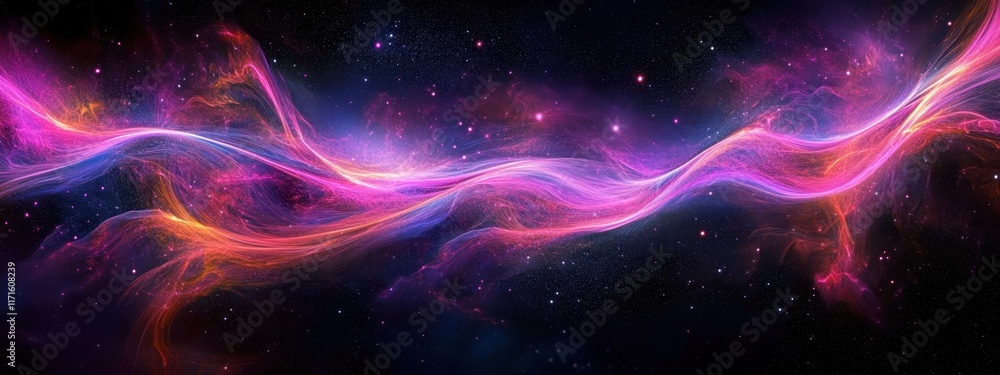 Fototapeta premium Abstract waves, vibrant colors, neon lights, fluid motion, cosmic energy, digital art, flowing ribbons, purple and pink hues, dynamic swirls, ethereal glow, futuristic design, seamless pattern, lumino