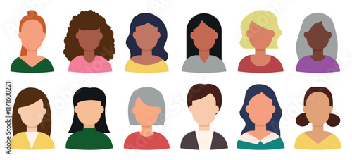 Set of woman persons, avatars, people heads of different ethnicity in flat minimal style.	