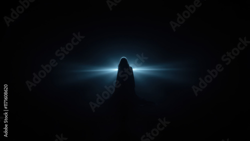 An AI robot with glowing eyes in silhouette against an illuminated background.