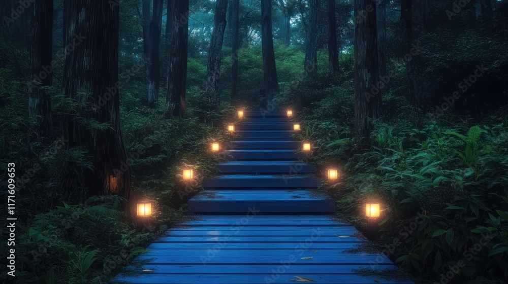 Obraz premium Night forest path, lit stairs, mystical scene, fantasy setting