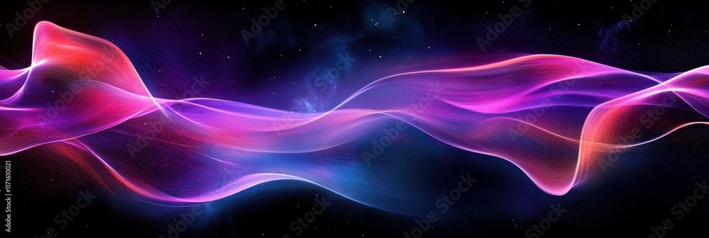 Fototapeta premium Abstract wave, vibrant neon colors, flowing energy, cosmic background, purple and blue hues, dynamic motion, digital art, surreal landscape, glowing particles, futuristic design, smooth curves, ethere