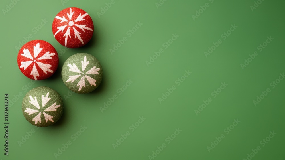 Four decorative Christmas ornaments in red and green with snowflake designs on a smooth green background. Four decorative Christmas ornaments in red and green with snowflake designs on a smooth green background.