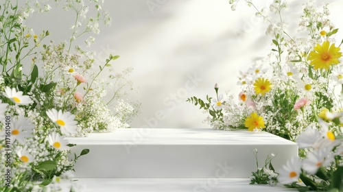 Wallpaper Mural Podium flower product white 3d spring table beauty stand display nature white. Garden floral background cosmetic field scene gift day Torontodigital.ca