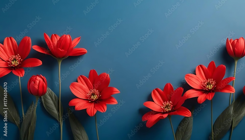 Obraz premium Mesmerizing Red Blooms on Blue Canvas: A Floral Tapestry for Designers