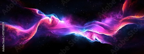 Abstract waves, vibrant colors, neon lights, fluid motion, cosmic energy, digital art, flowing ribbons, purple and pink hues, dynamic swirls, ethereal glow, futuristic design, seamless pattern, lumino photo