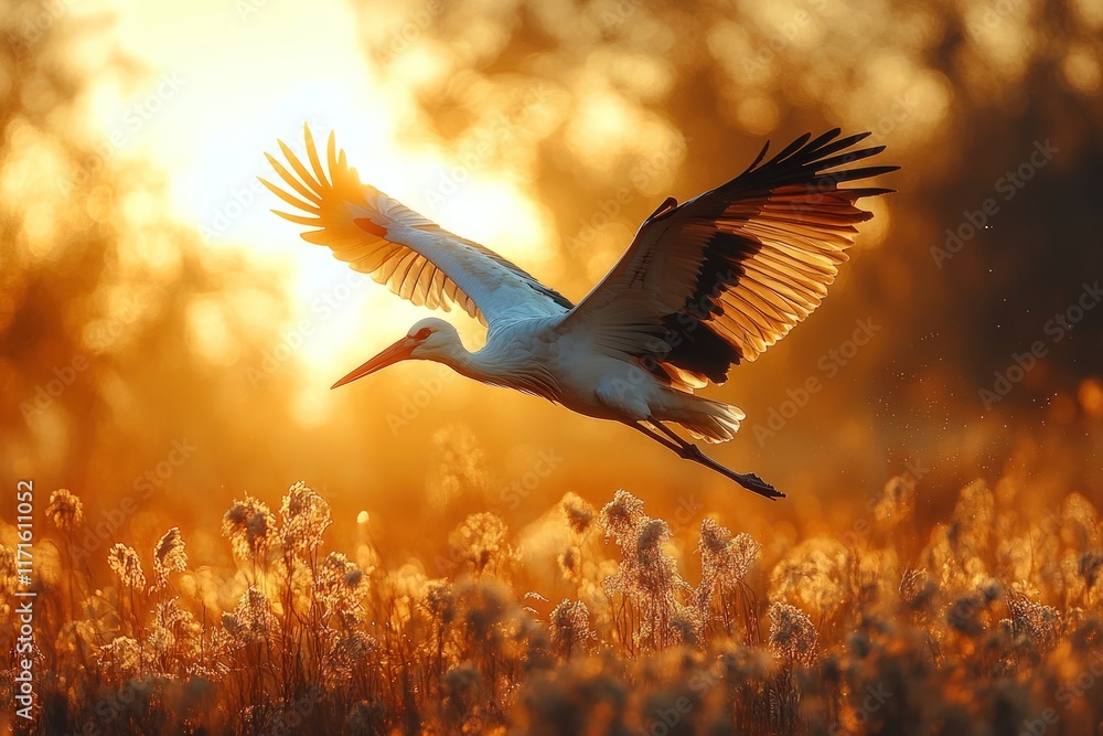 White stork in flight, golden sunset. White stork in flight, golden sunset.
