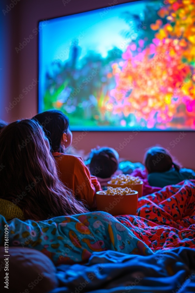 Naklejka premium Family cuddled on a sofa under soft blankets, watching a movie on a large screen
