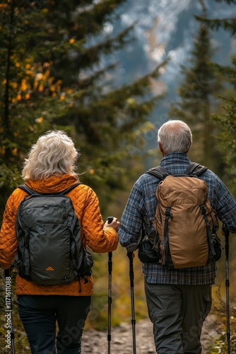Wallpaper Mural Elderly couple hiking through a scenic trail, holding walking sticks and looking out at the beautiful view Torontodigital.ca