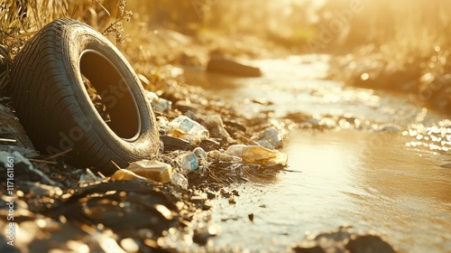 Old Tires on Riverbank Under Bright Sunlight