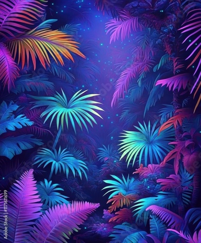 Wallpaper Mural Magical jungle at night, glowing neon butterflies, bioluminescent plants, deep blue and purple hues, tropical leaves, fantasy forest, ethereal atmosphere, mystical nature scene, vibrant colors, digita Torontodigital.ca