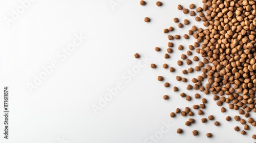 dry dog food displayed in an organized pile on a clean white background showcasing the texture and quality of the kibble ideal for pet food advertisement or packaging design photo