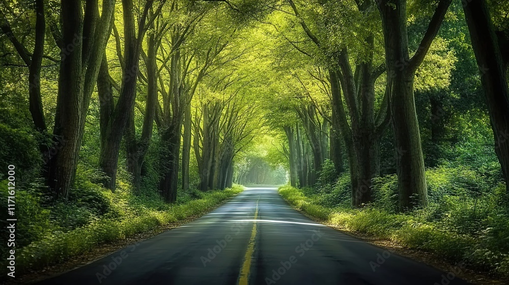 Naklejka premium A long road winds through the forest, with trees lining both sides