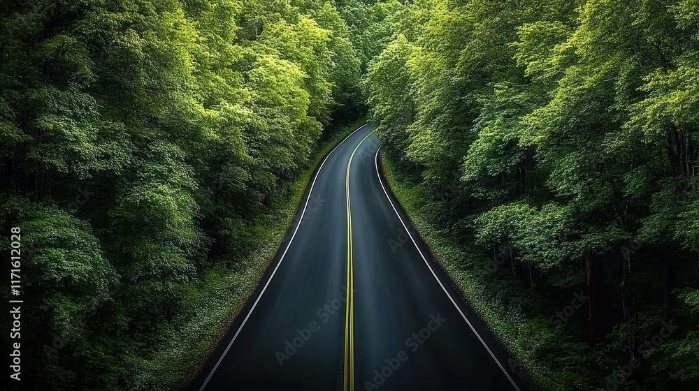 A long road winds through the forest, with trees lining both sides A long road winds through the forest, with trees lining both sides
