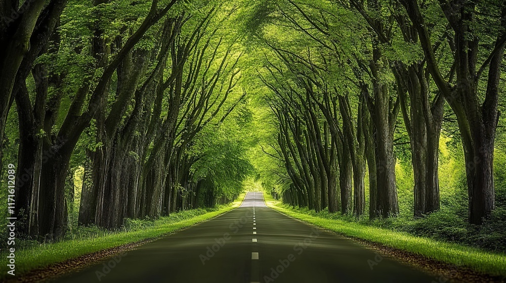 Fototapeta premium A long road winds through the forest, with trees lining both sides