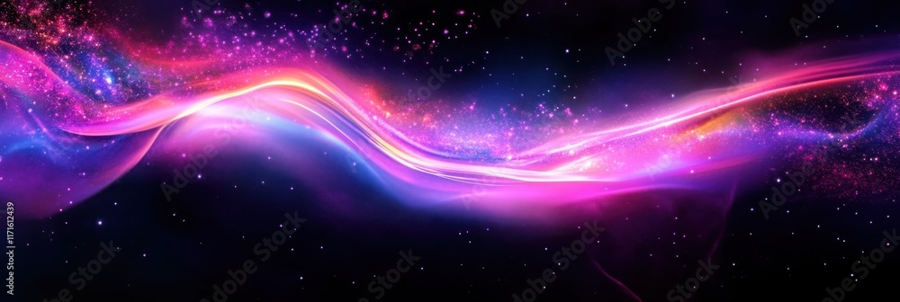 Obraz premium Abstract waves, vibrant colors, neon lights, fluid motion, cosmic energy, digital art, flowing ribbons, purple and pink hues, dynamic swirls, ethereal glow, futuristic design, seamless pattern, lumino